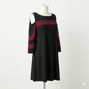 Nina Leonard Black and Burgundy, Cold Shoulder, Long Sleeve Dress